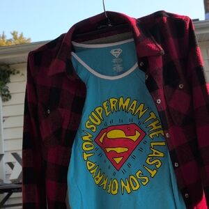Superman Blue Graphic Adult Shirt And Plaid Shirt Combo